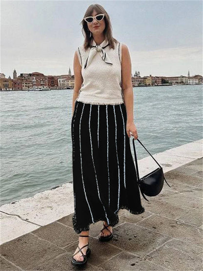 Maxi Skirts- Elegant Knitted Maxi Skirt with Fringed Hem for Women- - IndioGear.com