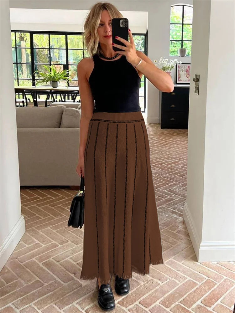 Maxi Skirts- Elegant Knitted Maxi Skirt with Fringed Hem for Women- Coffee- IndioGear.com