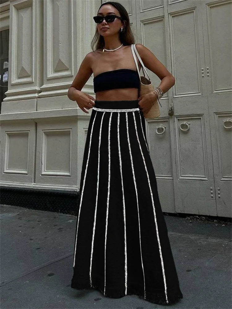 Maxi Skirts- Elegant Knitted Maxi Skirt with Fringed Hem for Women- Black- IndioGear.com