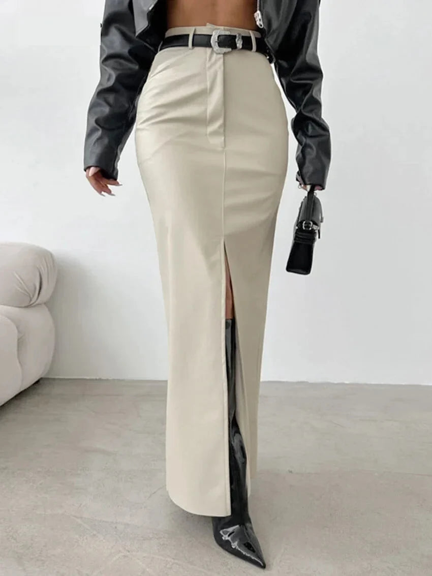 Maxi Skirts- Elegant Maxi Faux Leather Skirt- Beige- IndioGear.com