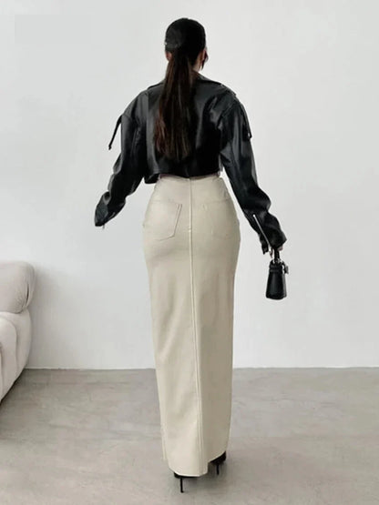 Maxi Skirts- Elegant Maxi Faux Leather Skirt- - IndioGear.com