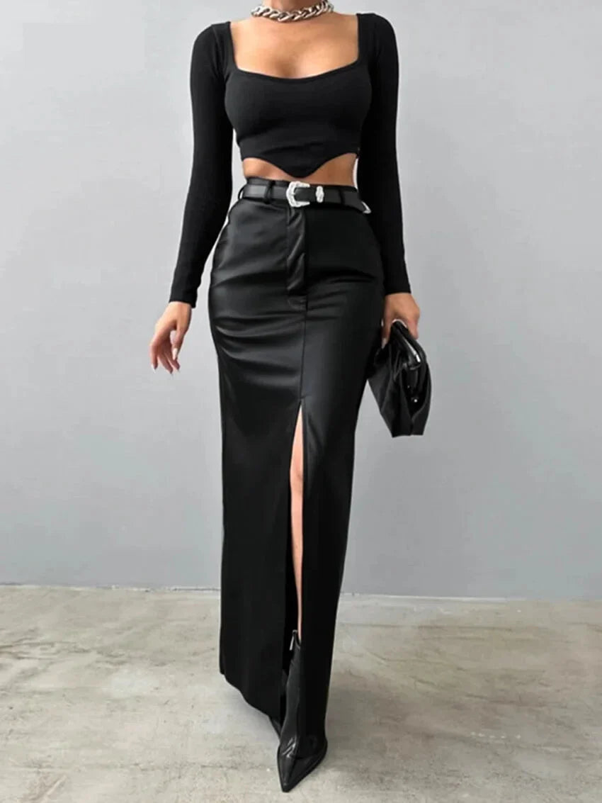 Maxi Skirts- Elegant Maxi Faux Leather Skirt- - IndioGear.com