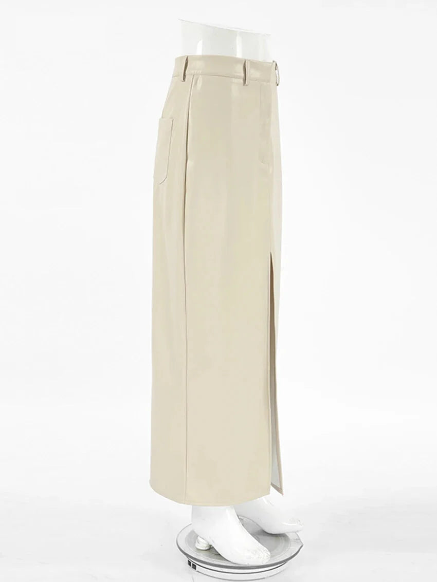 Maxi Skirts- Elegant Maxi Faux Leather Skirt- - IndioGear.com