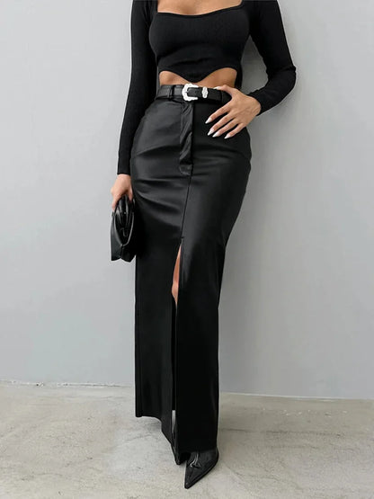 Maxi Skirts- Elegant Maxi Faux Leather Skirt- Black- IndioGear.com