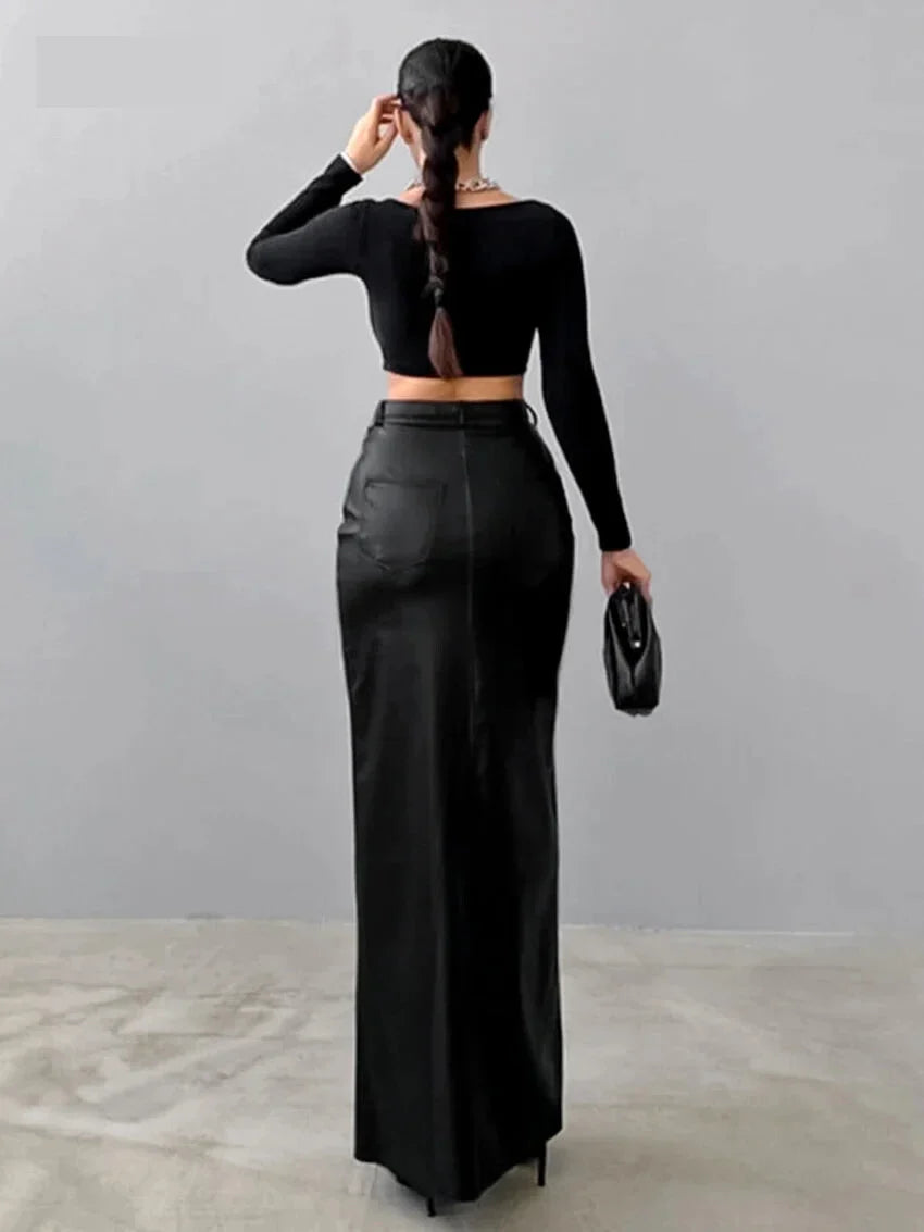 Maxi Skirts- Elegant Maxi Faux Leather Skirt- - IndioGear.com