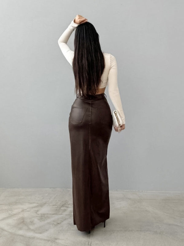 Maxi Skirts - Faux Leather Maxi Skirt with Slit