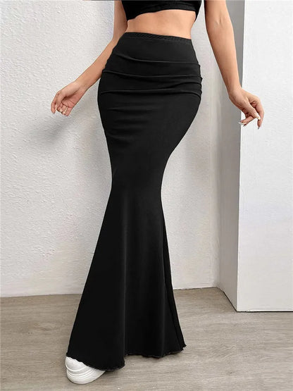 Maxi Skirts- Solid High-Waist Floor-Length Mermaid Maxi Skirt- Black- IndioGear.com