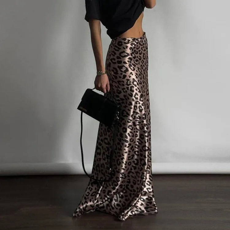 Maxi Skirts- Women Leopard Print Satin Skirt in Mermaid- - Chuzko Women Clothing