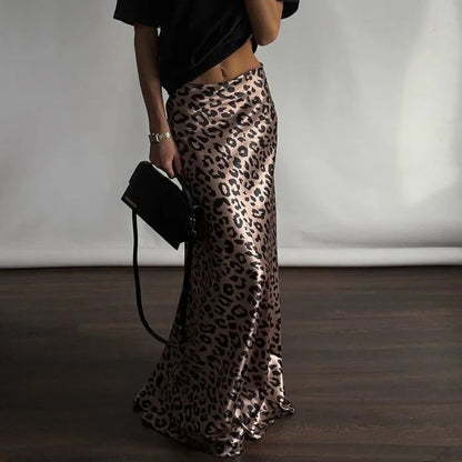 Maxi Skirts- Women Leopard Print Satin Skirt in Mermaid- - Chuzko Women Clothing