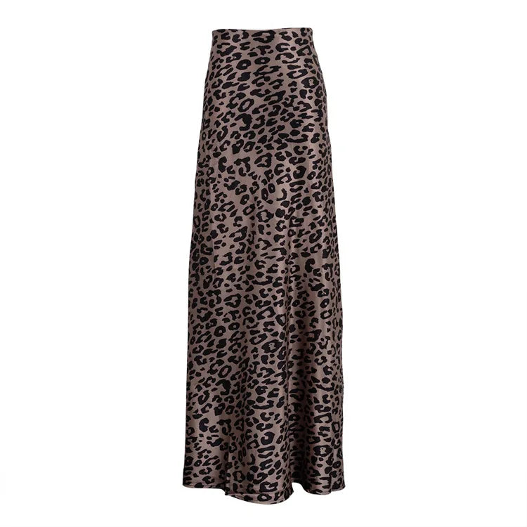 Maxi Skirts- Women Leopard Print Satin Skirt in Mermaid- - Chuzko Women Clothing