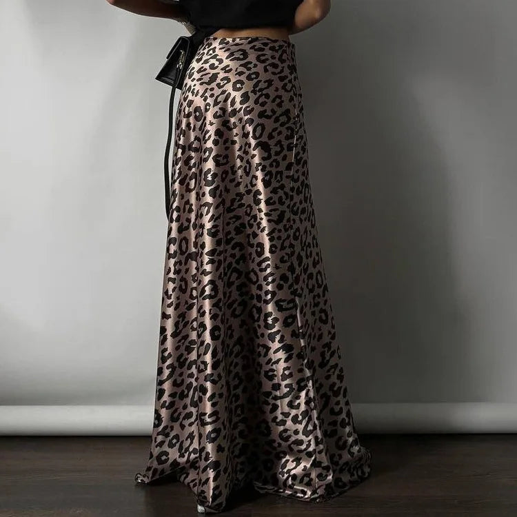 Maxi Skirts- Women Leopard Print Satin Skirt in Mermaid- - Chuzko Women Clothing