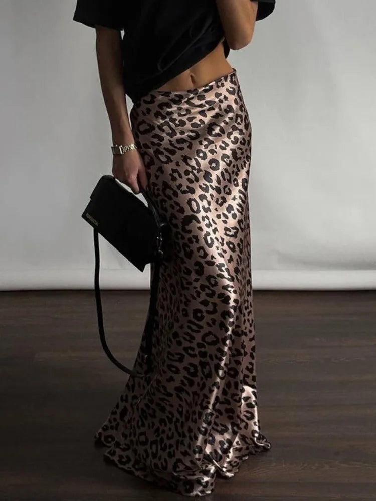 Maxi Skirts- Women Leopard Print Satin Skirt in Mermaid- - Chuzko Women Clothing