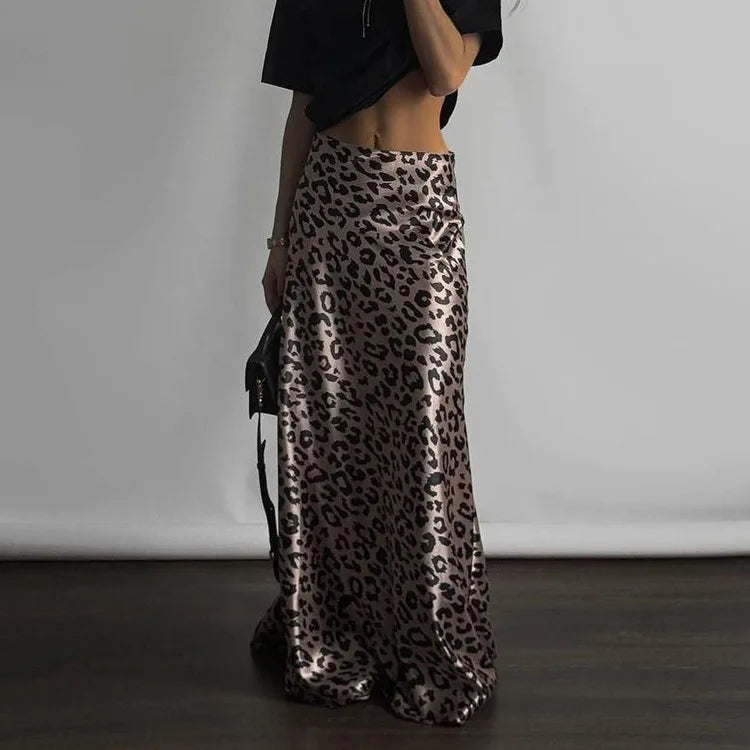 Maxi Skirts- Women Leopard Print Satin Skirt in Mermaid- - Chuzko Women Clothing