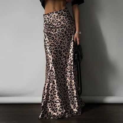 Maxi Skirts- Women Leopard Print Satin Skirt in Mermaid- - Chuzko Women Clothing