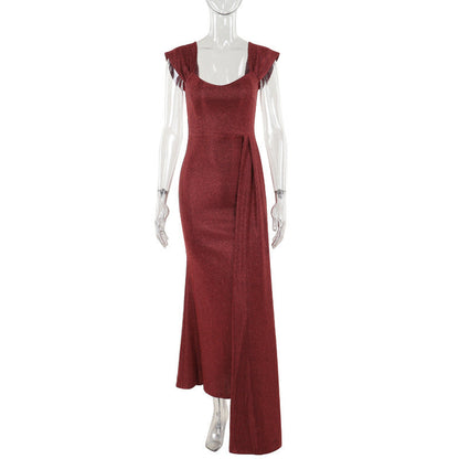 Maxi dresses- Slim Fit Silky Sweep Train Tail Maxi Dress- Red- IndioGear Women Clothing