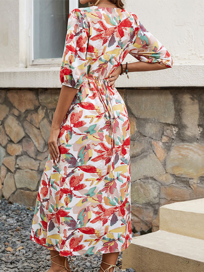 Maxi dresses- Women Colorful Floral Button-Up Cinched Midi Dress- - IndioGear.com