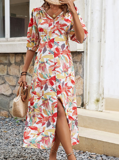 Maxi dresses- Women Colorful Floral Button-Up Cinched Midi Dress- - IndioGear.com