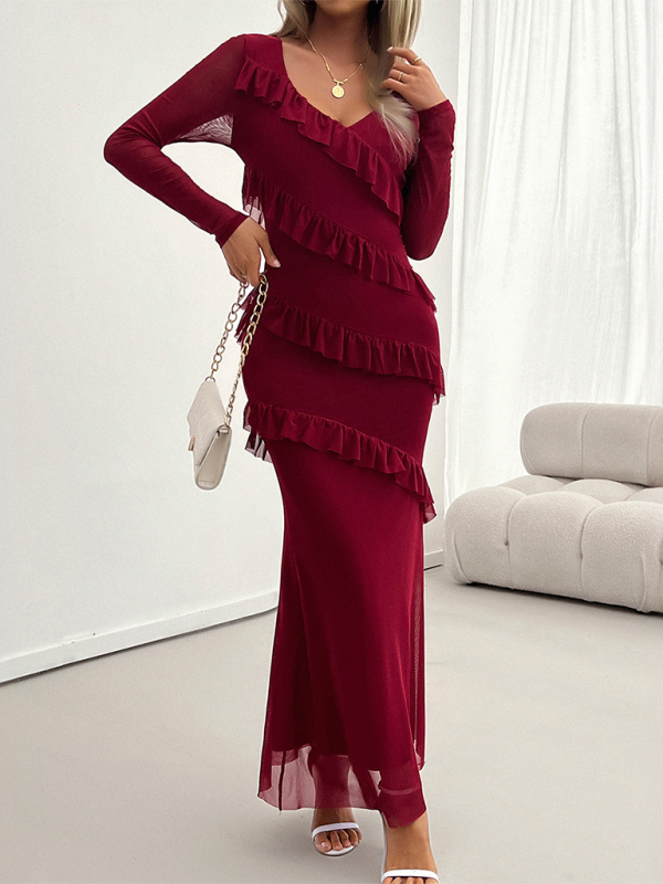 Maxidresses- V-Neck Diagonal Ruffle Layered Formal Maxi Dress- - IndioGear.com