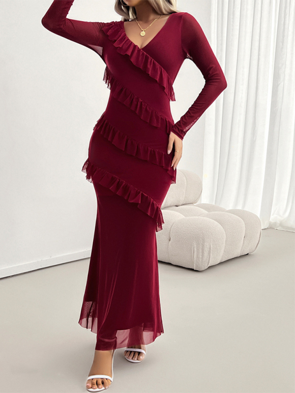 Maxidresses- V-Neck Diagonal Ruffle Layered Formal Maxi Dress- - IndioGear.com