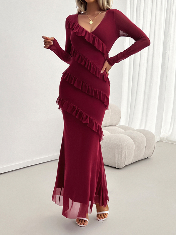 Maxidresses- V-Neck Diagonal Ruffle Layered Formal Maxi Dress- - IndioGear.com