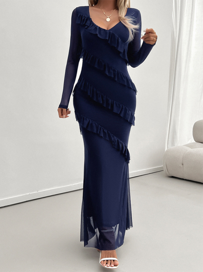 Maxidresses- V-Neck Diagonal Ruffle Layered Formal Maxi Dress- Champlain color- IndioGear.com