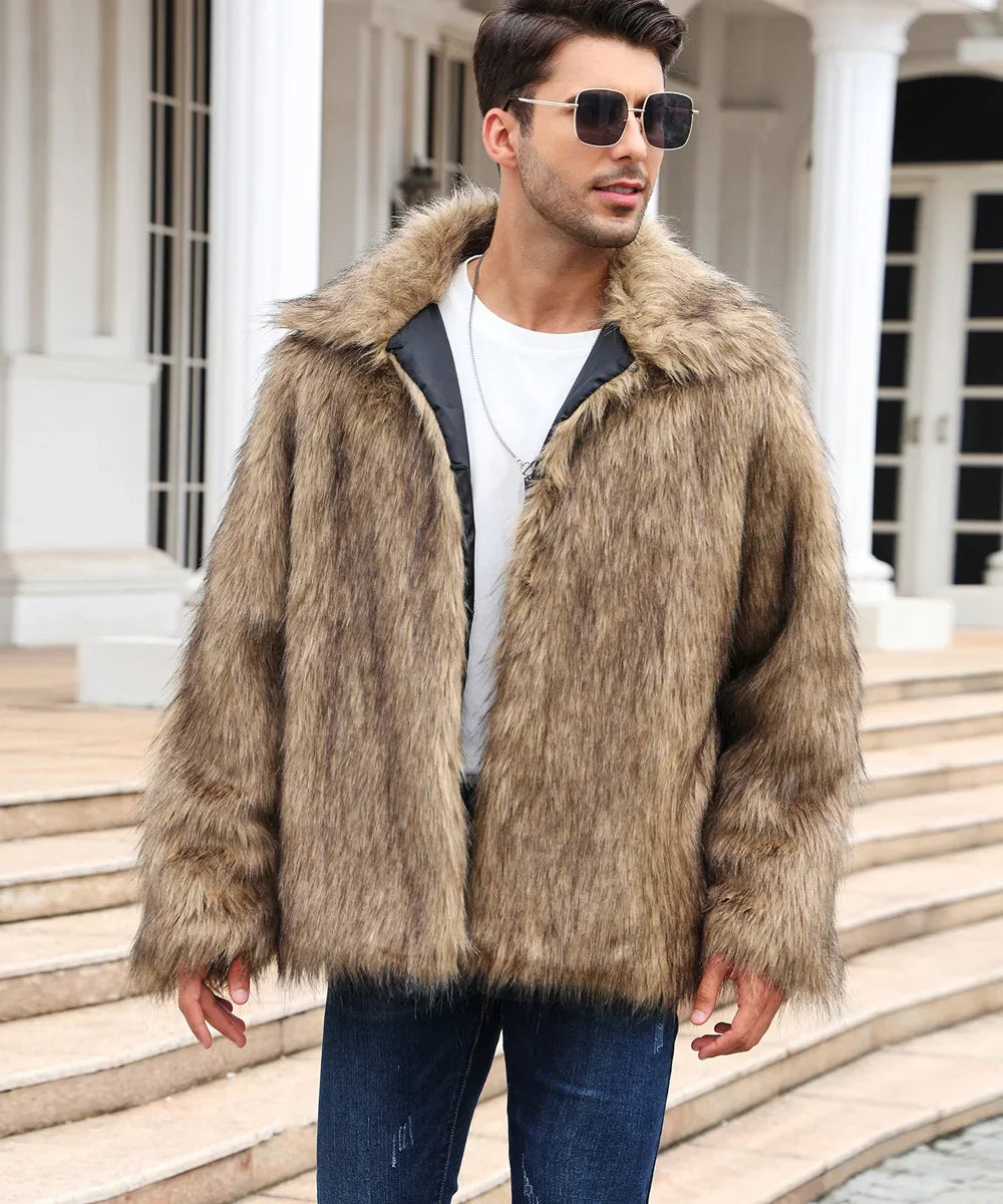 Cold-Weather Fox Look with Men's Faux Fur Coat Jacket