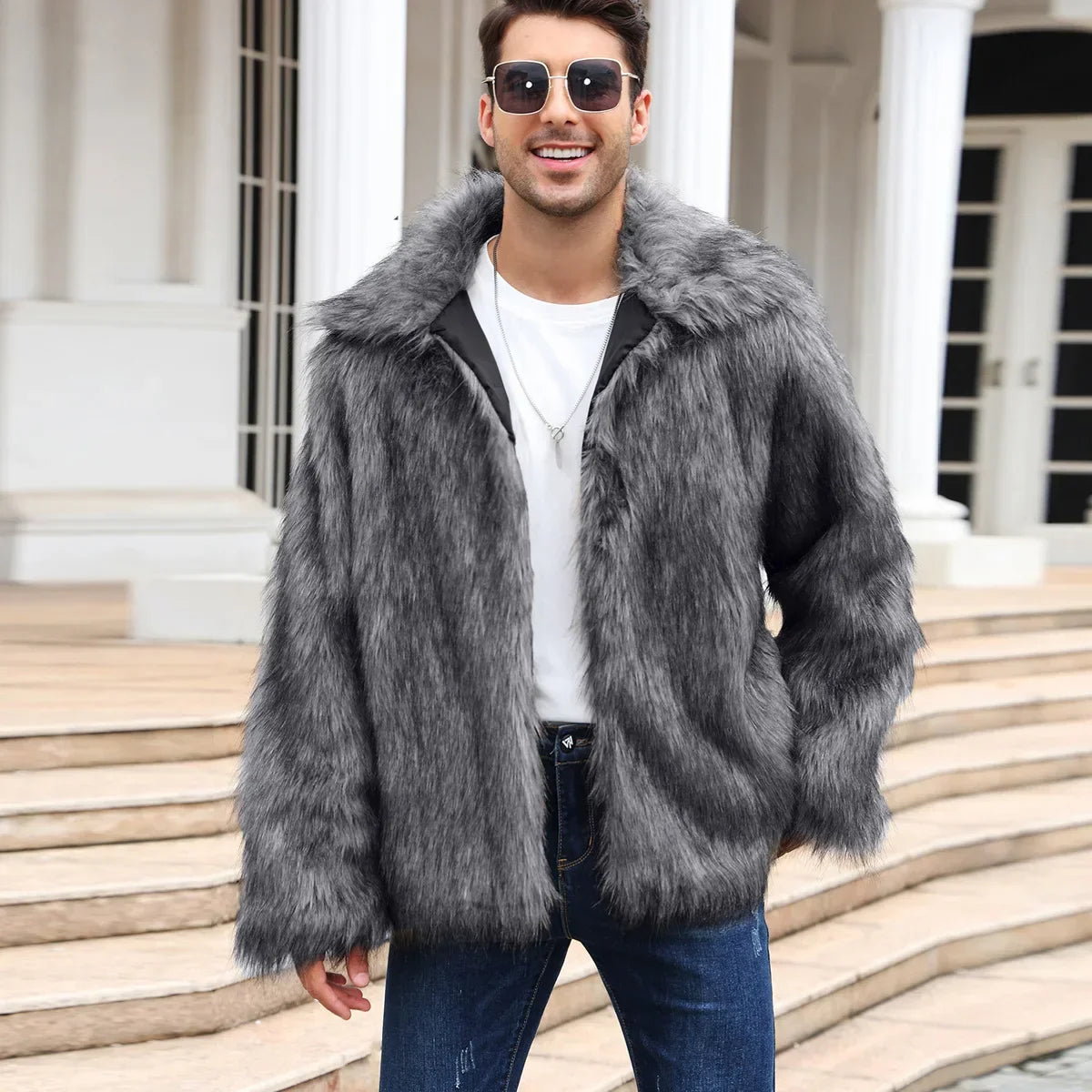 Cold-Weather Fox Look with Men's Faux Fur Coat Jacket