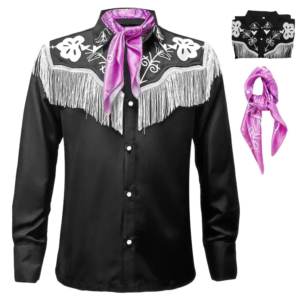 Men Costumes- Western Fringe Cowboy KEN Shirt + Pink Scarf Cosplay Set- Black- IndioGear.com