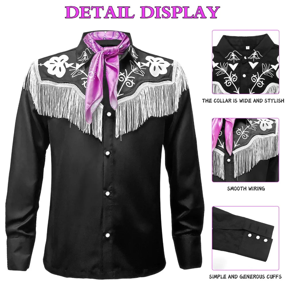 Men Costumes- Western Fringe Cowboy KEN Shirt + Pink Scarf Cosplay Set- - IndioGear.com