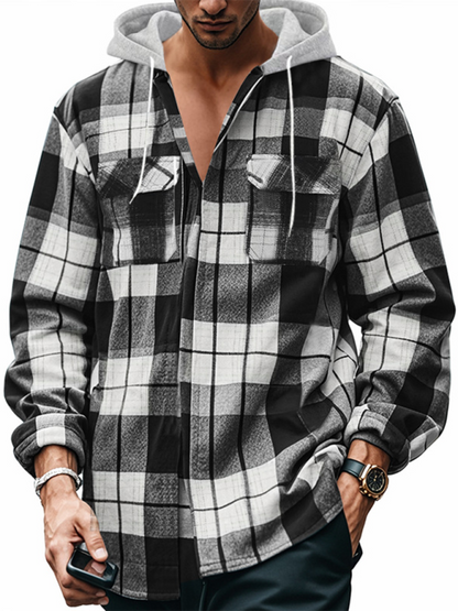 Men Hoodies- Plaid Hoodie Shirt for Men Fall Layering- Grey- IndioGear.com