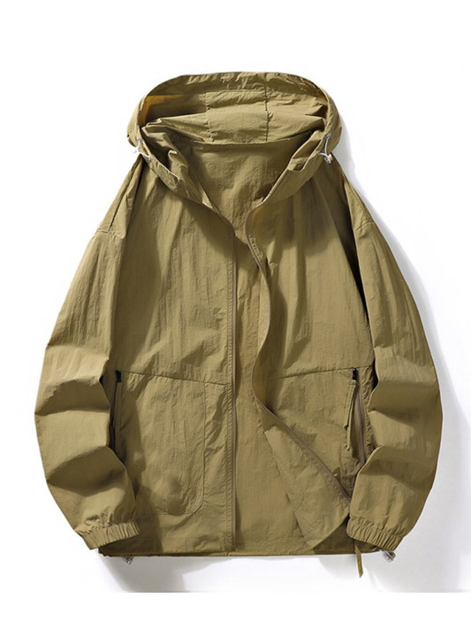 Men Jackets- Essential Nylon Hoodie Jacket for Men for Transitional Weather- Khaki- IndioGear.com