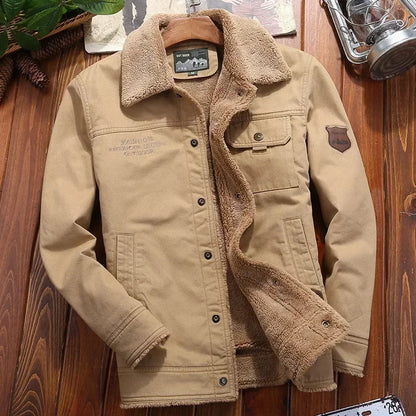 Men Jackets- Men's Rugged Cotton Sherpa-Lined Jacket for Outdoor Adventures- Khaki- Chuzko Women Clothing