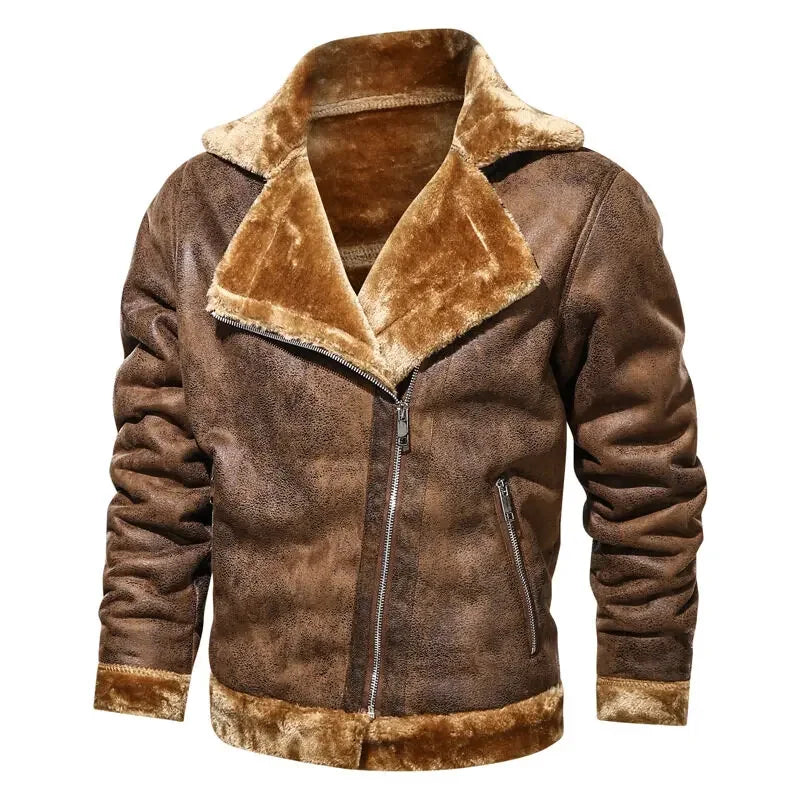 Men Jackets- Men's Vintage Sherpa-Lined Leather Jacket- Brown- Chuzko Women Clothing