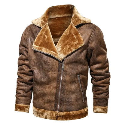 Men Jackets- Men's Vintage Sherpa-Lined Leather Jacket- Brown- Chuzko Women Clothing