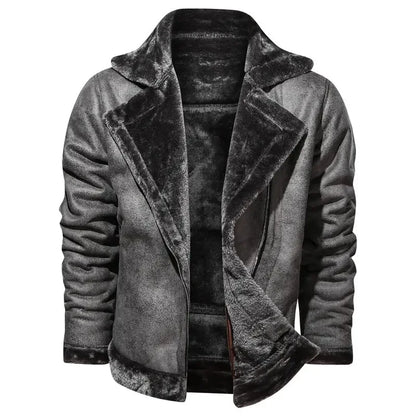 Men Jackets- Men's Vintage Sherpa-Lined Leather Jacket- Gray- Chuzko Women Clothing