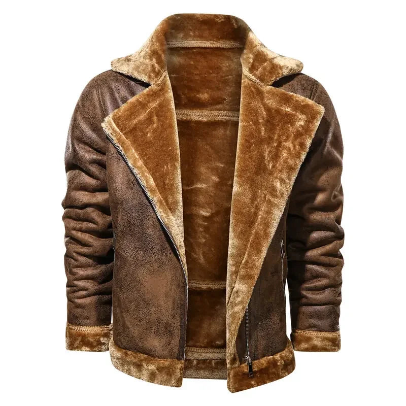 Men Jackets- Men's Vintage Sherpa-Lined Leather Jacket- - Chuzko Women Clothing