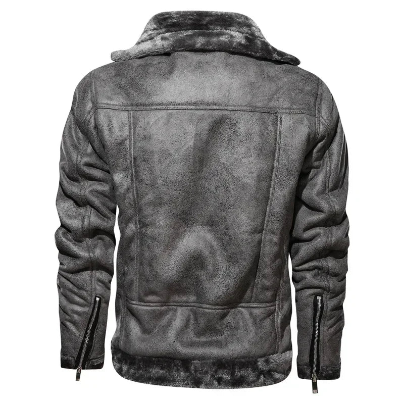 Men Jackets- Men's Vintage Sherpa-Lined Leather Jacket- - Chuzko Women Clothing