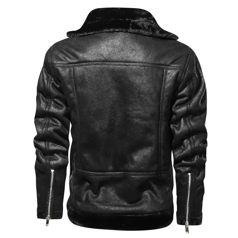 Men Jackets- Men's Vintage Sherpa-Lined Leather Jacket- - Chuzko Women Clothing