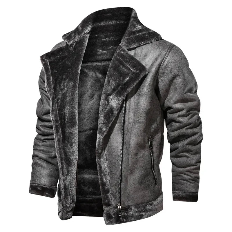 Men Jackets- Men's Vintage Sherpa-Lined Leather Jacket- - Chuzko Women Clothing