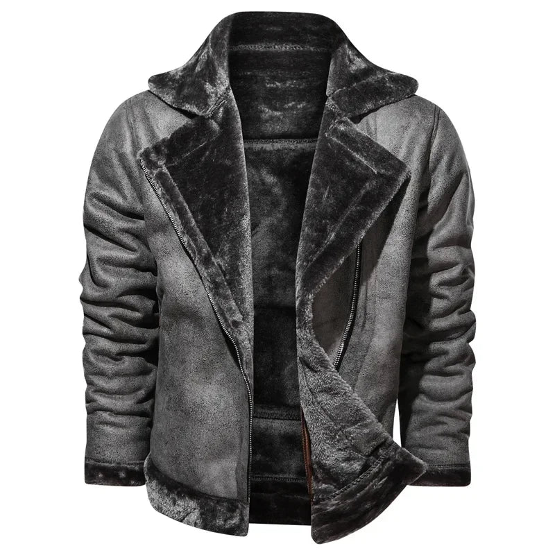 Men Jackets- Men's Vintage Sherpa-Lined Leather Jacket- - Chuzko Women Clothing