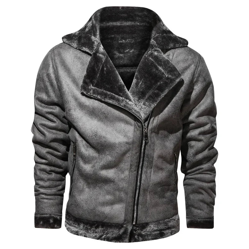 Men Jackets- Men's Vintage Sherpa-Lined Leather Jacket- - Chuzko Women Clothing