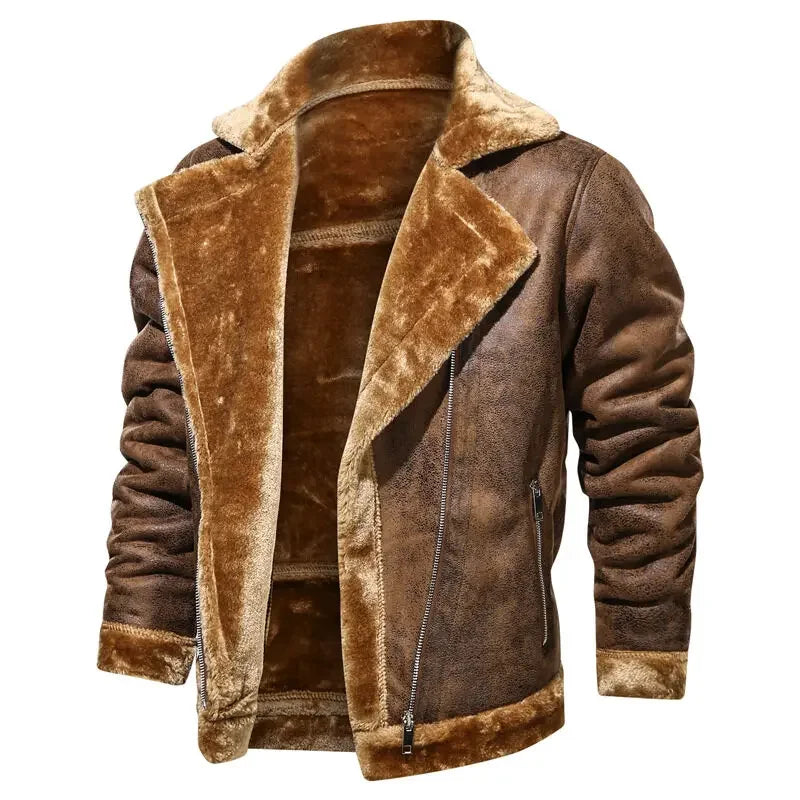 Men Jackets- Men's Vintage Sherpa-Lined Leather Jacket- - Chuzko Women Clothing