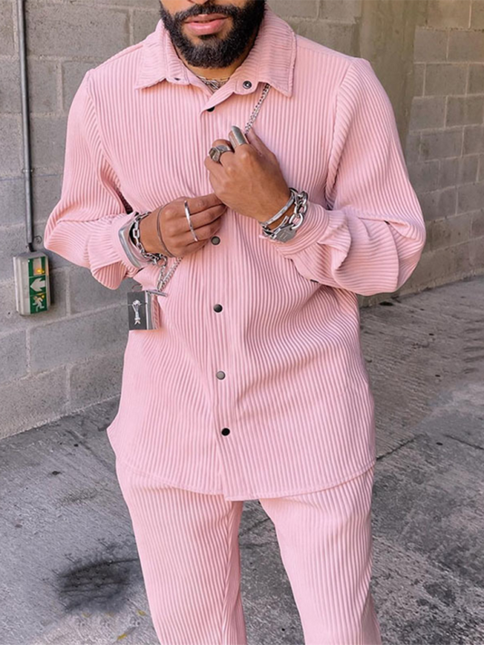 Men Outfits- Men's Corduroy Shirt & Pencil Pants Set for Cozy Style- Pink- IndioGear.com