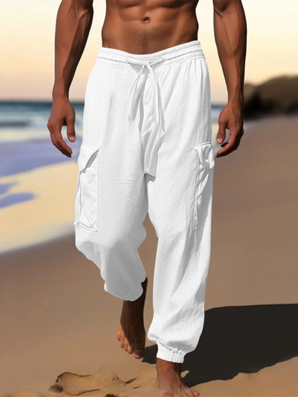 Men Pants- Cotton Joggers Pencil Beach Pants for Men- White- IndioGear.com