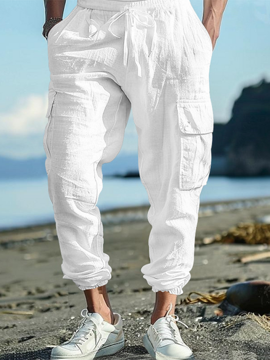 Men Pants- Cotton Joggers for Men Lightweight Beach Pants- White- IndioGear.com