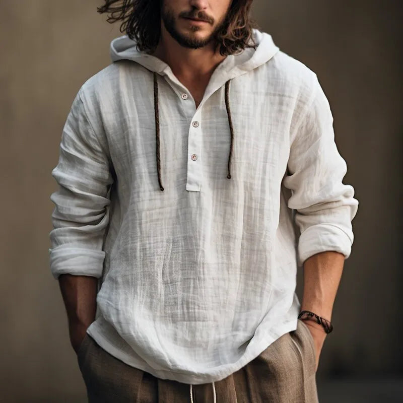 Men Shirts- Laid-Back Linen Blend Hooded Top Men's Cotton Top- - IndioGear