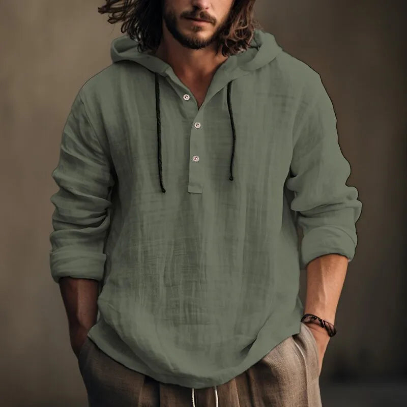 Men Shirts- Laid-Back Linen Blend Hooded Top Men's Cotton Top- - IndioGear