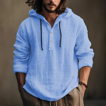 Men Shirts- Laid-Back Linen Blend Hooded Top Men's Cotton Top- - IndioGear