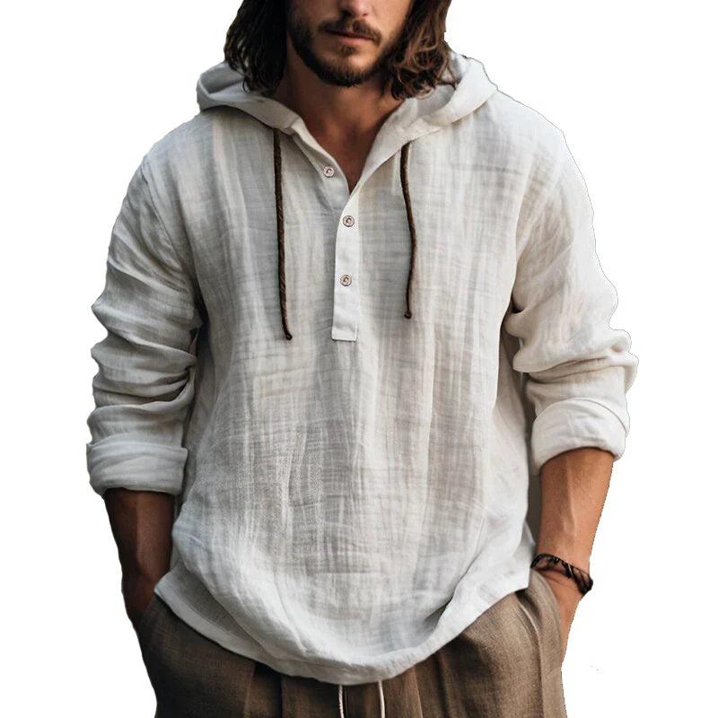 Men Shirts- Laid-Back Linen Blend Hooded Top Men's Cotton Top- - IndioGear