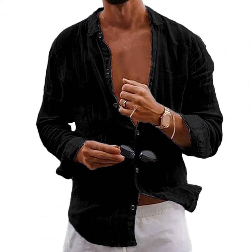 Men Shirts- Men Lightweight Summer Shirt in Cotton-Linen- Black- IndioGear.com